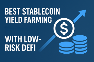 Illustration of stablecoin yield farming with USDC, USDT, and DAI showing secure vault and upward arrows for 20%+ APY growth.