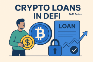Illustration of crypto loans in DeFi showing a borrower locking Ethereum as collateral, receiving stablecoins, and lenders supplying assets to earn interest.