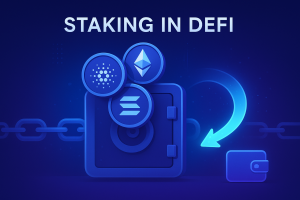 Illustration of Ethereum, Cardano, and Solana coins locked in a digital vault with blockchain chains, showing rewards flowing into a crypto wallet.