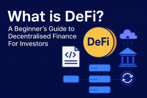 Abstract blockchain network and crypto tokens representing Decentralised Finance (DeFi).