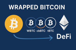 Illustration of Bitcoin being wrapped into WBTC, cbBTC, and tBTC tokens bridging into Ethereum DeFi applications