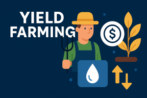 Illustration of yield farming in DeFi showing liquidity pools with tokens like ETH and USDC, a user providing liquidity, and rewards flowing back.